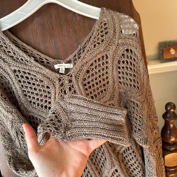 Cozy casual beige crocheted long sleeve tunic top women’s size M/L - Picture 6 of 12